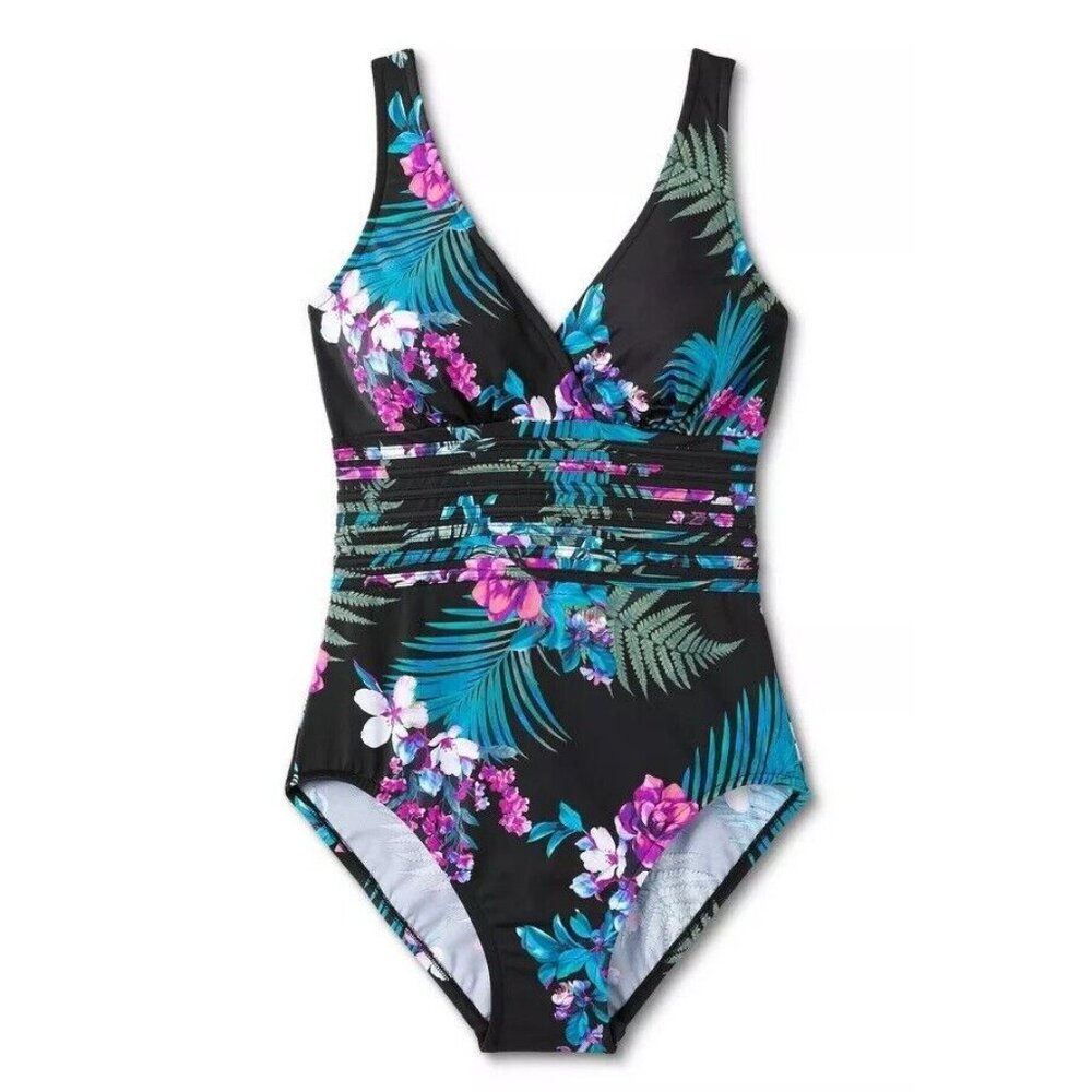 Aqua Green Small 4-6 V-Neck & Waist Detail Full Coverage Floral 1 Pc Swimsuit - Picture 2 of 7